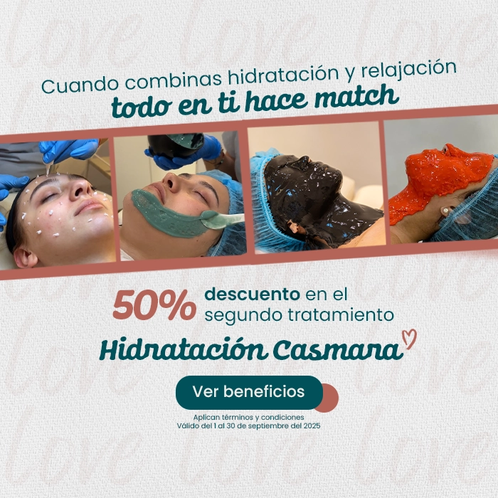 Comparativa del rostro de una mujer antes y después de un tratamiento estético integral con toxina botulínica, Radiesse y limpieza facial; se muestra un lado con signos de envejecimiento y el otro con piel más firme y rejuvenecida.
